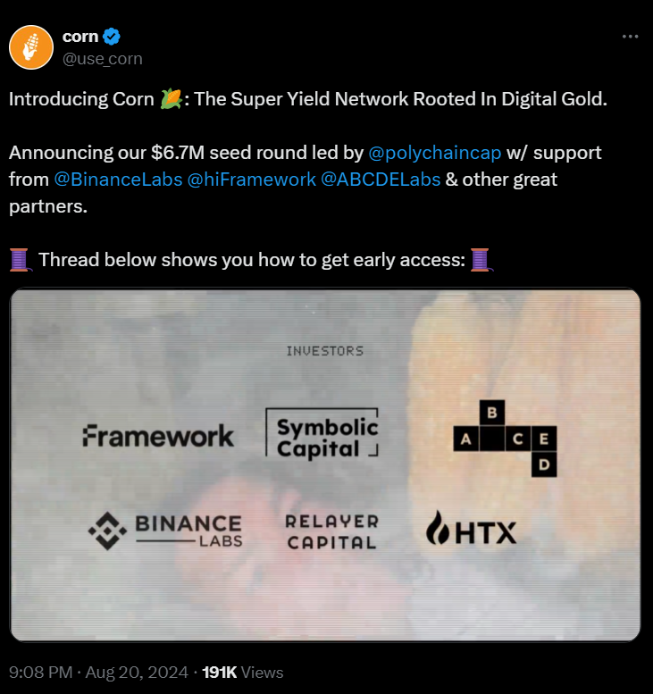 Binance Labs cùng Polychain đầu tư 6.7 triệu USD vào Corn, dự án xây dựng DeFi Bitcoin 4 image 86