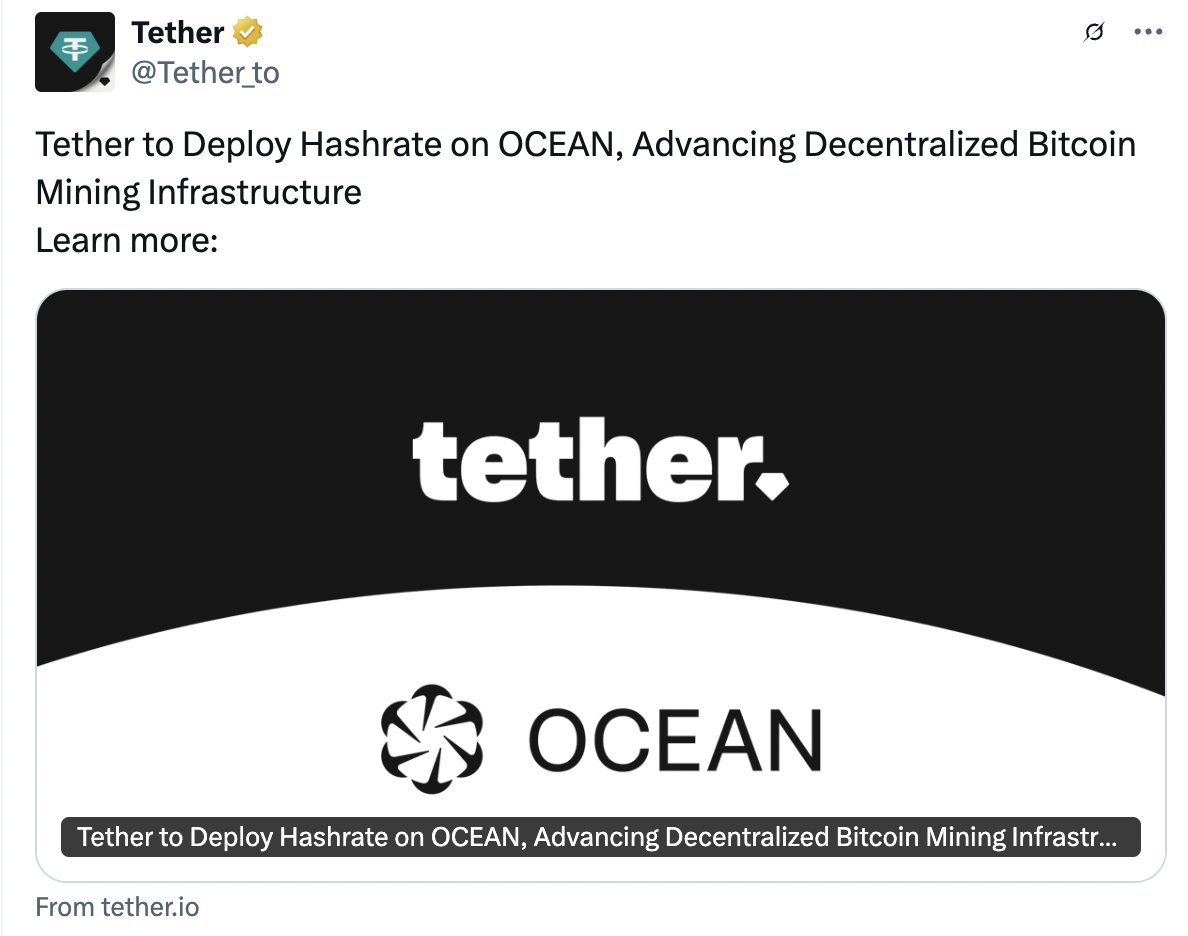 Tether hỗ trợ mining pool OCEAN do nhà phát triển Bitcoin Core sáng lập 4 Screenshot at Apr 15 08 19 24