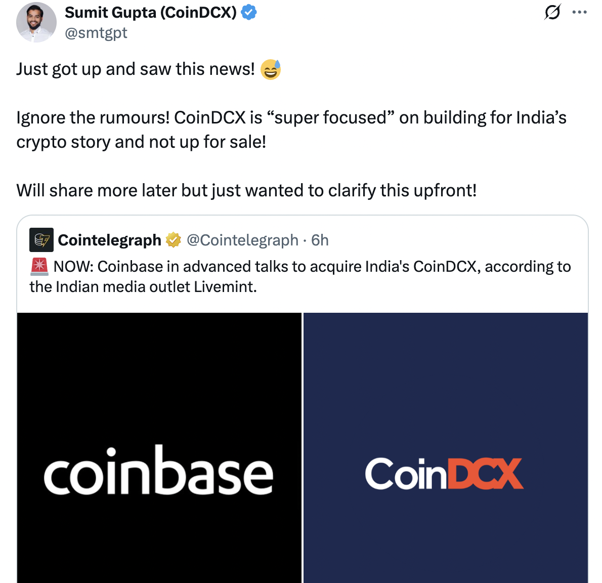 CoinDCX phủ nhận đang đàm phán để được Coinbase mua lại 4 Screenshot at Jul 29 14 39 18